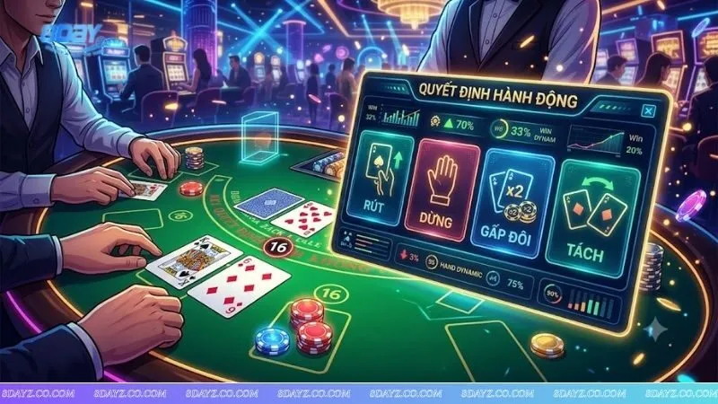 Bảng hướng dẫn chiến thuật blackjack cơ bản giúp người chơi đưa ra quyết định rút hoặc dừng bài chính xác.