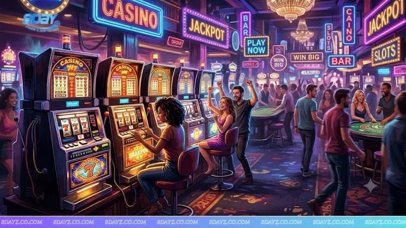 Dãy máy slot machine trong casino nơi người chơi áp dụng cách nhận biết chu kỳ trả thưởng của slot thực tế.