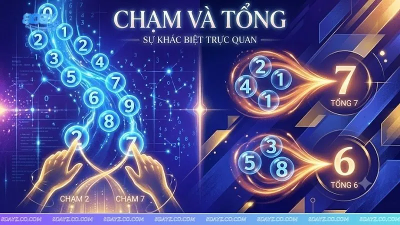 Đồ họa minh họa các con số may mắn giúp người mới hiểu cách soi cầu chạm tổng đề dễ dàng hơn.