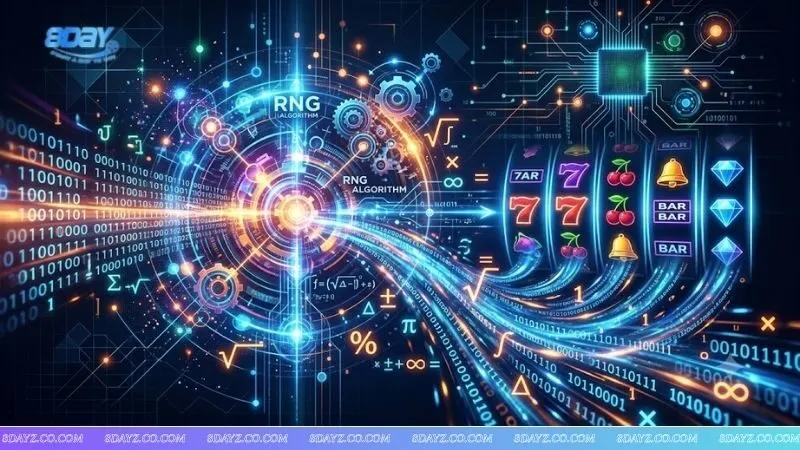 Đồ họa thuật toán RNG minh họa cơ chế ngẫu nhiên thay vì cách nhận biết chu kỳ trả thưởng của slot theo cảm tính.
