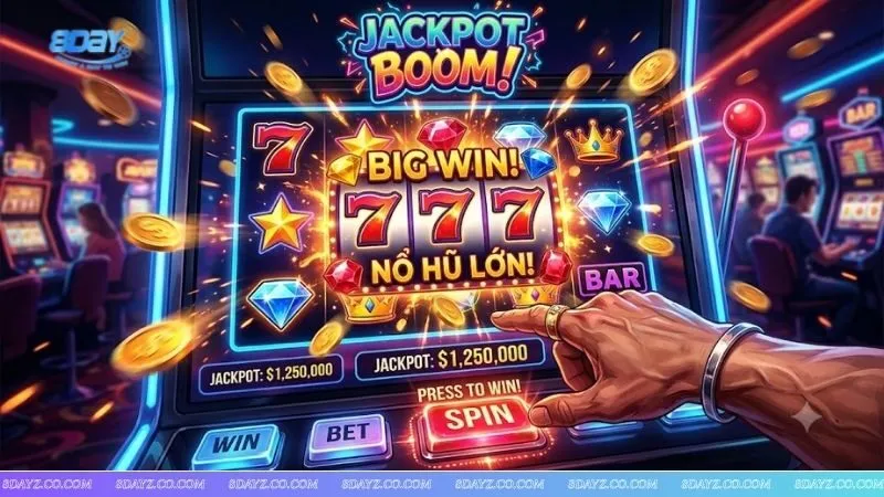 Màn hình máy quay hũ hiển thị các biểu tượng jackpot giúp người chơi tìm cách nhận biết chu kỳ trả thưởng của slot.
