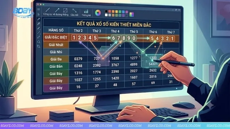 Màn hình máy tính phân tích bảng kết quả xổ số áp dụng cách soi cầu chạm tổng đề miền Bắc.