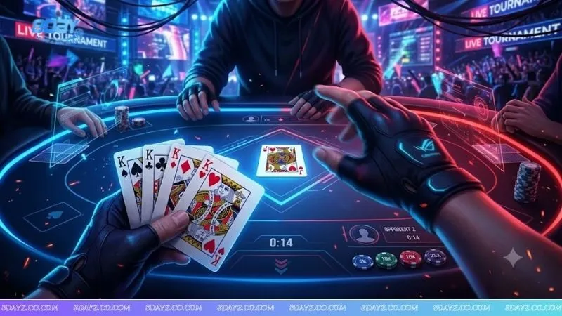 Người chơi cầm bộ tứ quý chuẩn bị thực hiện cách chặt heo hiệu quả trong tiến lên trên bàn gỗ.