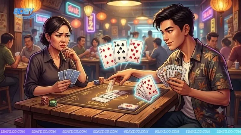 Người chơi đang lựa chọn các lá bài lẻ tầm trung để xả rác, áp dụng mẹo đánh sâm lốc khi cầm bài xấu cứu thua.