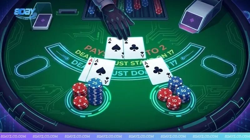 Người chơi phân vân khi nào nên chia đôi bài trong blackjack với cặp Át trên bàn cược trực tuyến.