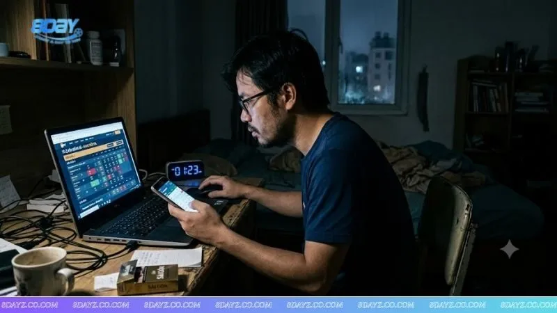 Người đàn ông theo dõi bảng tỷ lệ cược trên laptop lúc nửa đêm để tìm mẹo soi kèo bóng đá đêm khuya hiệu quả.
