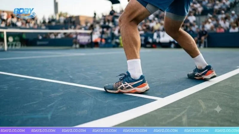 Cận cảnh đôi giày của người chơi đặt chính xác trong ô giao cầu bên phải khi áp dụng luật chẵn lẻ trong cầu lông.
