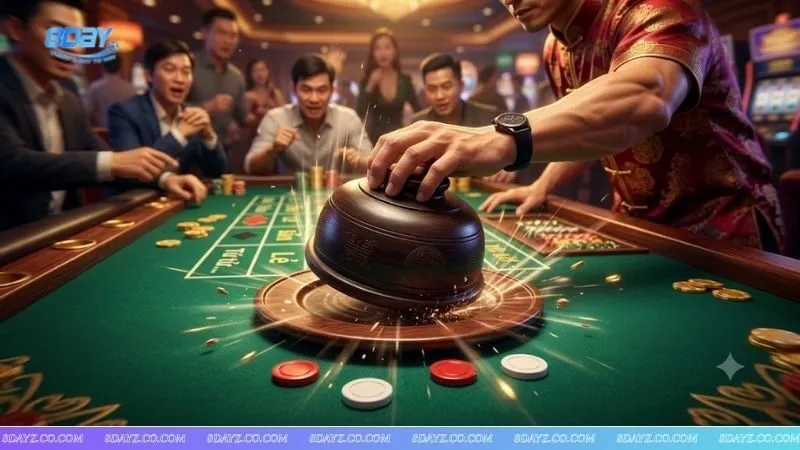 Cận cảnh khoảnh khắc Dealer đặt bát xuống bàn để người chơi áp dụng cách soi cầu xóc đĩa theo nhịp úp mở
