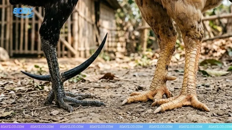 Chi tiết đôi chân và cựa sắt hỗ trợ sư kê trong cách phân biệt gà đòn và gà cựa khi thi đấu thực tế.