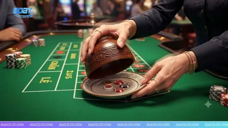 Dealer chuyên nghiệp đang thực hiện cách soi cầu xóc đĩa theo nhịp úp mở trên bàn cược trực tuyến