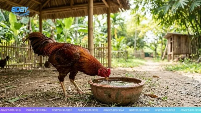 Gà đá được cung cấp nước sạch đầy đủ nhằm tối ưu hóa chế độ dinh dưỡng cho gà đá trước khi ra trường