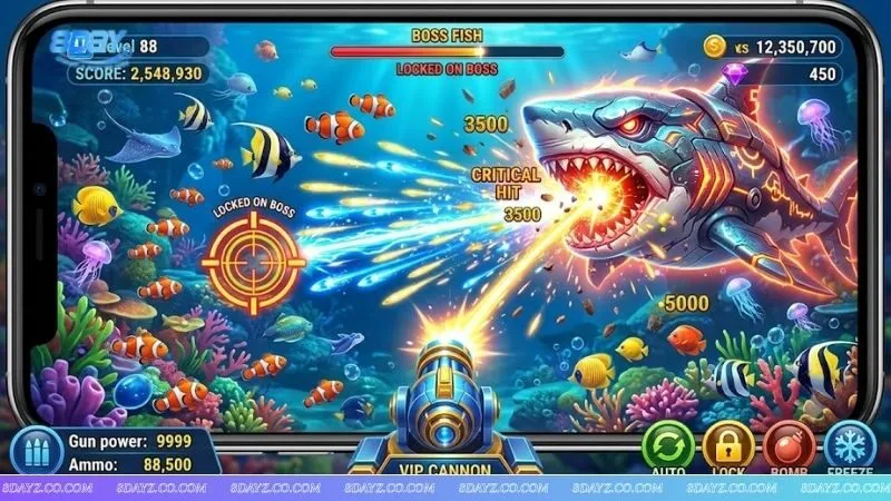Giao diện game bắn cá trực quan hướng dẫn cách dùng đạn khóa mục tiêu hiệu quả để hạ gục Boss lớn