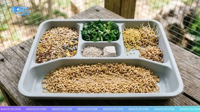 Khay thức ăn gồm ngũ cốc và rau xanh dành cho chiến kê trong chế độ dinh dưỡng cho gà đá trước khi ra trường