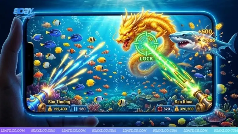 Minh họa các loại cá lớn nên dùng đạn khóa mục tiêu để tối ưu hóa lợi nhuận trong game
