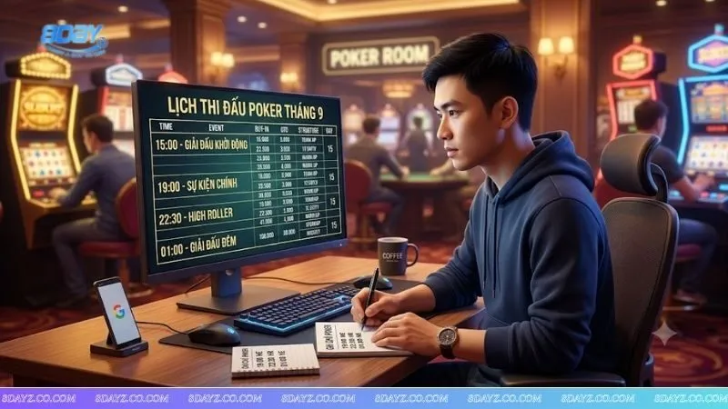 Người chơi theo dõi lịch thi đấu để áp dụng mẹo chọn bài khởi đầu trong poker vào các giải đấu lớn
