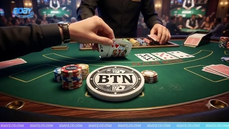 Cận cảnh nút Button đại diện cho vị trí đẹp nhất trong các vị trí ngồi trong poker trên bàn đấu.