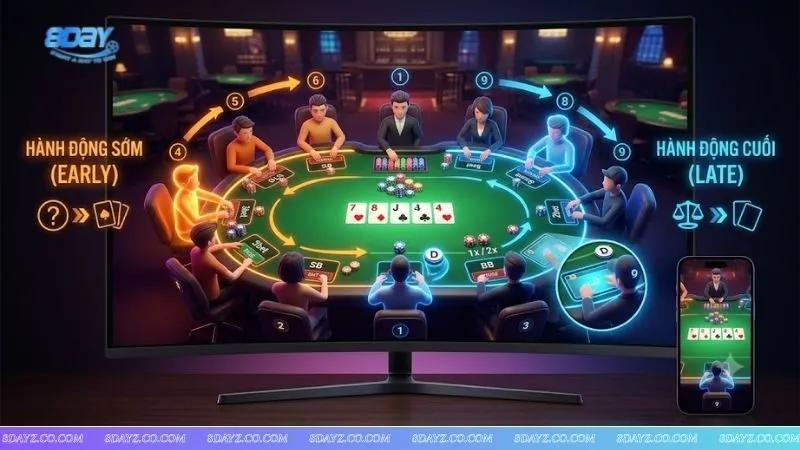 Sơ đồ mô phỏng thứ tự hành động của các vị trí ngồi trong poker tại một bàn chơi 9 người tiêu chuẩn.