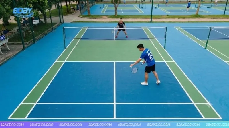 Tay vợt đang đứng ở ô giao cầu bên phải chuẩn bị thực hiện luật chẵn lẻ trong cầu lông trên sân đấu tiêu chuẩn.