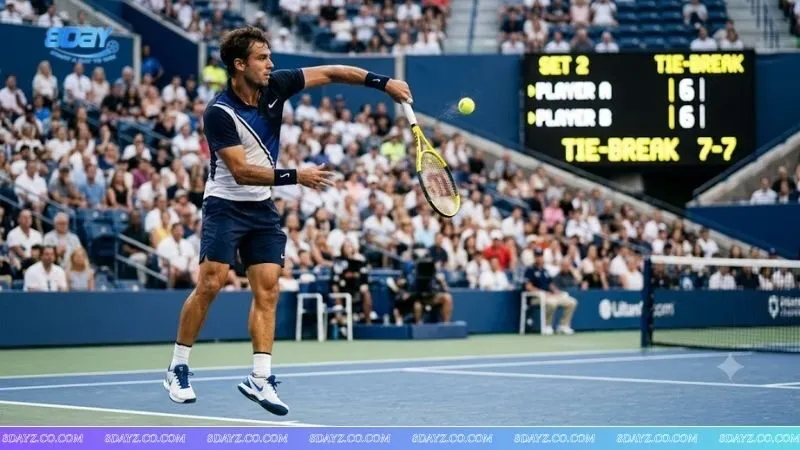 Tay vợt tennis đang giao bóng quyết liệt trên sân đấu với bảng điểm 6-6, minh họa cho cách cược tie break trong tennis