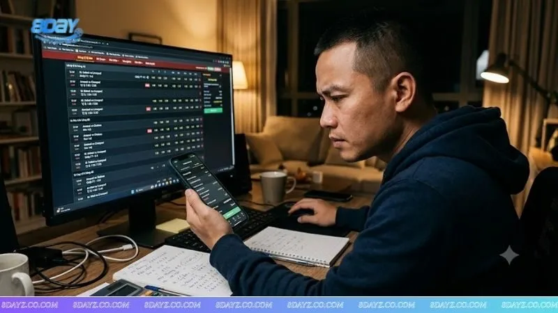 Người chơi đang tập trung kiểm tra vé cược thể thao để áp dụng cách tính tiền cược xiên 3 xiên 4 chuẩn xác
