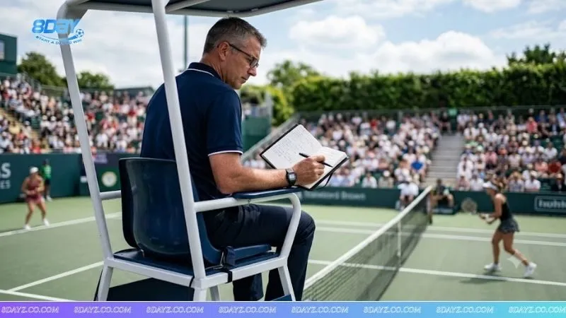 Trọng tài tennis quan sát trận đấu trên sân, người chơi cần nắm vững luật để áp dụng cách cược tie break trong tennis
