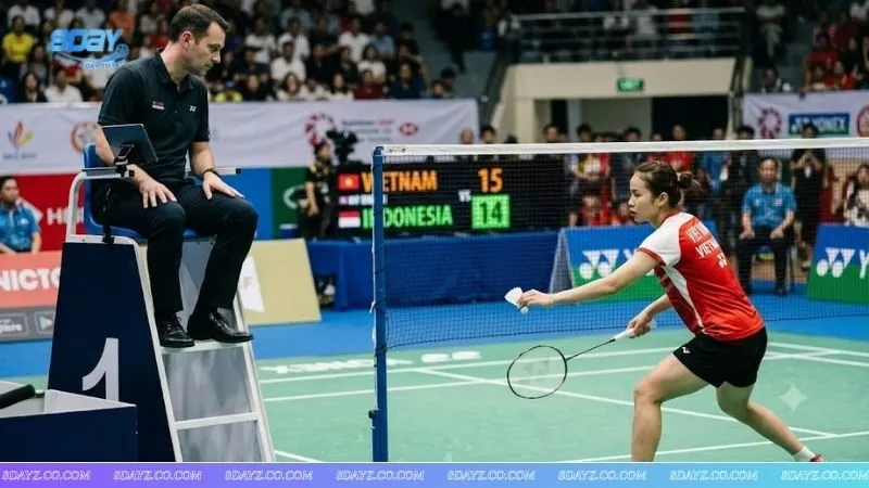 Trọng tài theo dõi tư thế giao cầu chuẩn BWF liên quan đến luật chẵn lẻ trong cầu lông trong một trận đấu chuyên nghiệp.