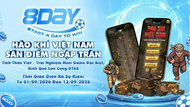 Banner sự kiện Hào khí Việt Nam tại 8day với thiết kế hào hùng, màu sắc nổi bật và logo thương hiệu chuyên nghiệp.