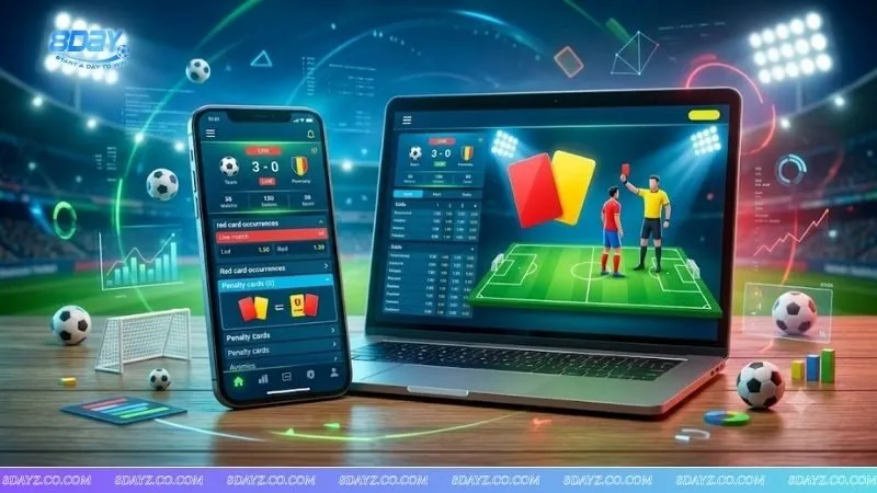 Banner đồ họa chuyên nghiệp về cách bắt kèo thẻ đỏ tại 8DAY với hình ảnh thẻ đỏ và các chỉ số thống kê trận đấu.