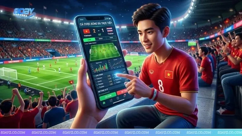 Banner chuyên nghiệp hướng dẫn cách cược bóng đá trực tiếp tại 8DAY với biểu tượng sân cỏ và đồ thị kèo biến động