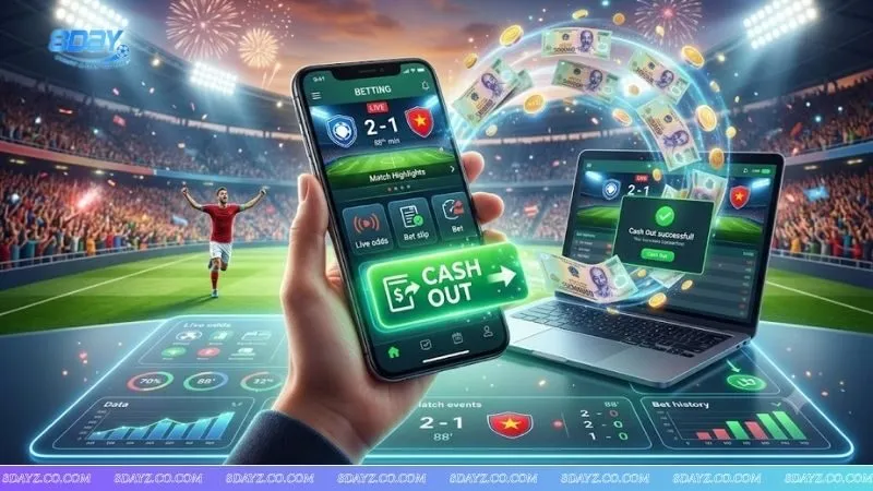 Banner đồ họa giới thiệu tính năng cash out là gì với biểu tượng vé cược và đồng hồ thời gian chuyên nghiệp